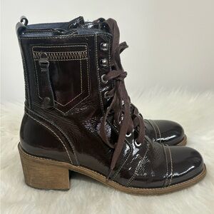 Patent Shine Lace-Up Ankle Boots in Dark Brown